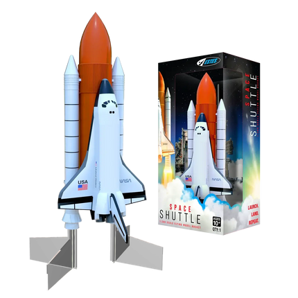 Estes Space Shuttle flying model rocket with detachable boosters and box, perfect for beginners and space enthusiasts.