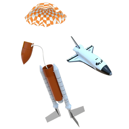 Estes Space Shuttle flying model rocket with parachute and detachable boosters, perfect for beginners.