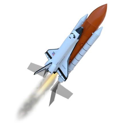 Estes Space Shuttle rocket launching with detached boosters and smoke, perfect for beginner rocketry enthusiasts.