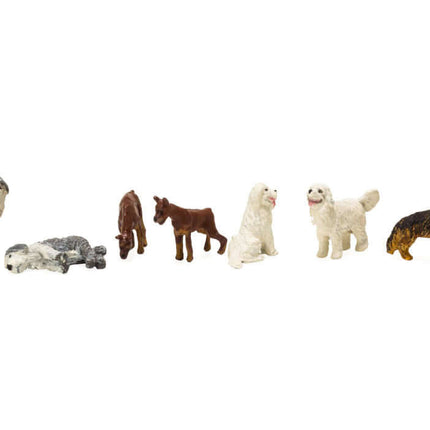 Woodland Scenics Dog Pack - Assembled HO scale figures of various dog breeds in different poses.