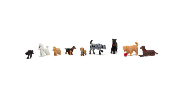 Woodland Scenics HO Scale assembled figures of 9 dogs and 1 black cat, perfect for miniature layouts and scenes.