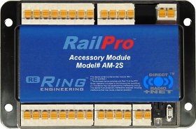 Ring Engineering AM-2S RailPro Accessory Controller Module for model train layouts, featuring powerful audio amplification.