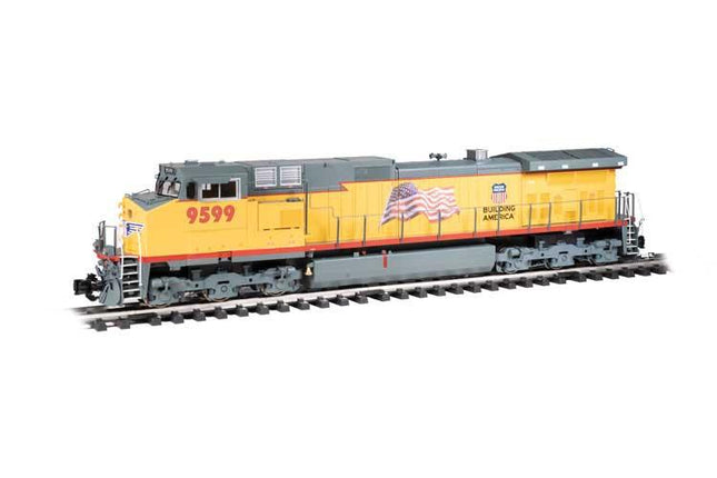 Bachmann 90904 G Scale GE Dash 9-44CW - Standard DC - Union Pacific #9599 (Armour Yellow, gray; "Building America", U.S. Flag) - Squeaky's Trains