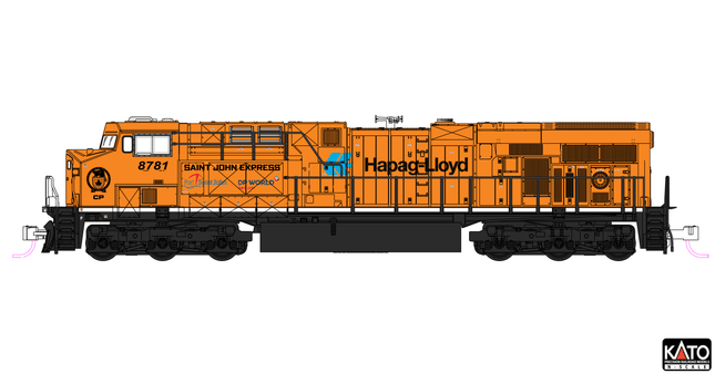 Kato N Scale diesel locomotive GE ES44AC Canadian Pacific Hapag-Lloyd model with orange livery.