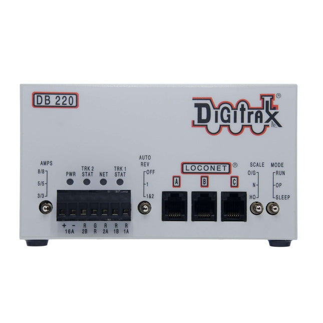 Digitrax DB220 DCC booster back view featuring auto-reversing settings and multi-scale compatibility options.