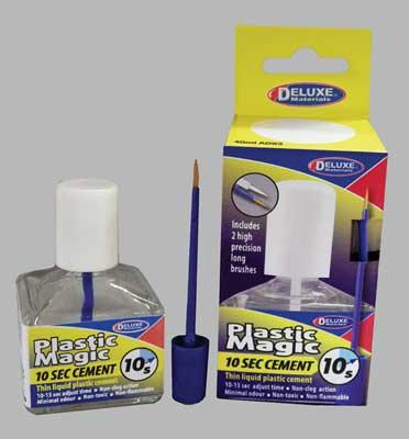 Deluxe Materials AD83 | Plastic Magic Thin Plastic Cement with 2 Brushes - 10-Second Cement - Squeaky's Trains