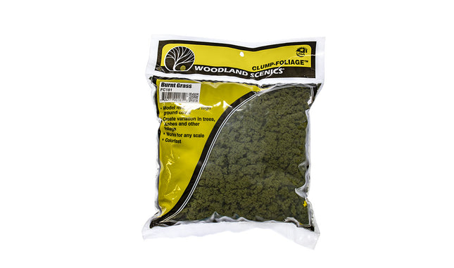 Woodland Scenics FC181 Clump Foliage Burnt Grass 3 Quart Bag - retail package front showing labeled bag of foliage for all scales