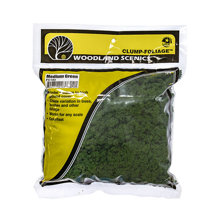 Woodland Scenics FC183 Clump Foliage Medium Green 3 Quart Bag - retail package front showing labeled bag of foliage for all scales