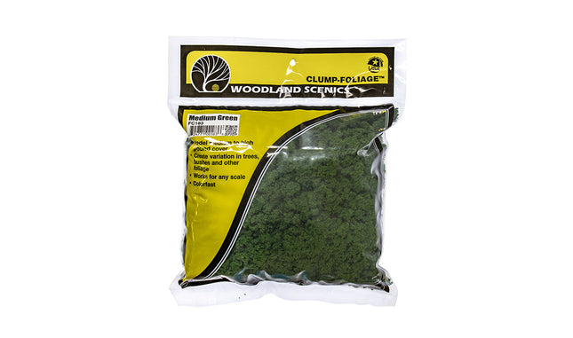 Woodland Scenics FC183 Clump Foliage Medium Green 3 Quart Bag - retail package front showing labeled bag of foliage for all scales
