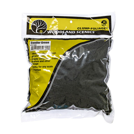 Woodland Scenics FC185 Clump Foliage Conifer Green 3 Quart Bag - retail package front showing labeled bag of foliage for all scales