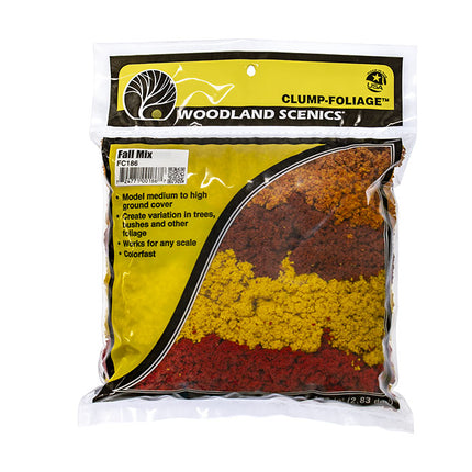 Woodland Scenics FC186 Clump Foliage Autumn Mix retail package front - labeled 3 quart bag of dyed foam foliage for all scales