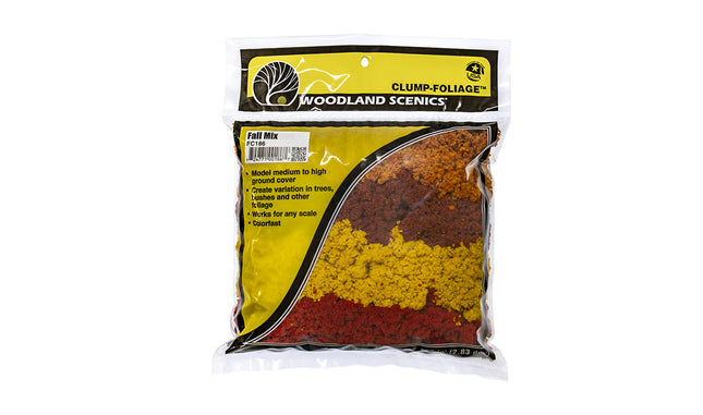 Woodland Scenics FC186 Clump Foliage Autumn Mix retail package front - labeled 3 quart bag of dyed foam foliage for all scales