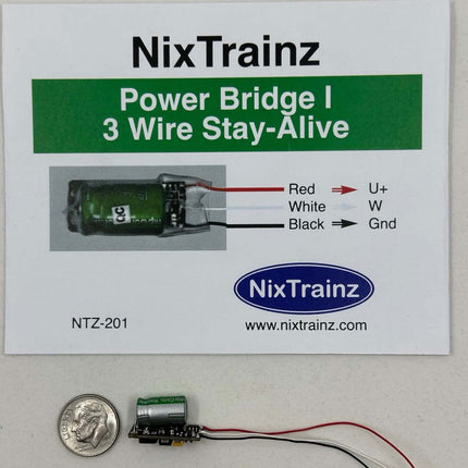 NixTrainz Power Bridge I 3-Wire Stay-Alive power solution with dimensions next to a quarter for scale.