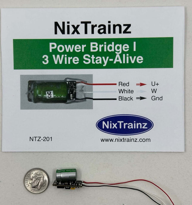 NixTrainz Power Bridge I 3-Wire Stay-Alive power solution with dimensions next to a quarter for scale.