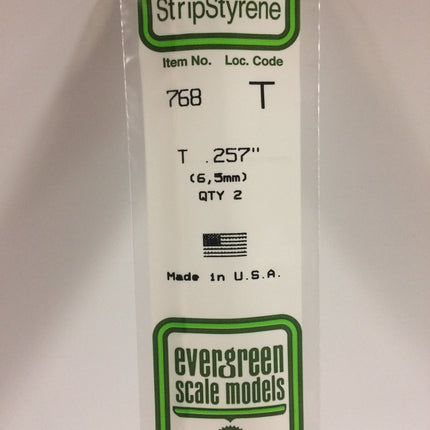 Evergreen 768 .257" (6.5mm) White Styrene T Shape All Scales - package