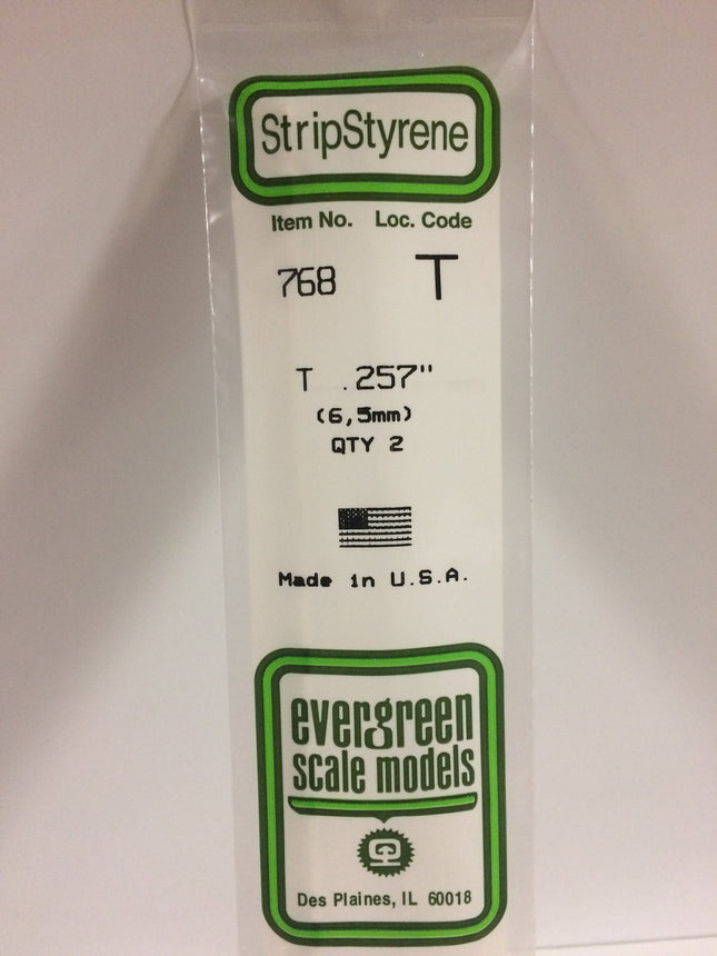 Evergreen 768 .257" (6.5mm) White Styrene T Shape All Scales - package