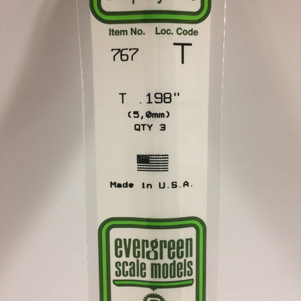Evergreen 767 .198" (5.0mm) White Styrene T Shape All Scales - package