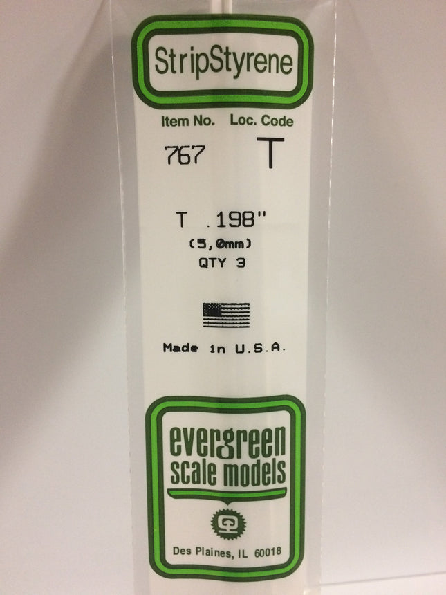 Evergreen 767 .198" (5.0mm) White Styrene T Shape All Scales - package