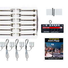 Woodland Scenics Just Plug Value Pack includes 12 double lamp post street lights, light hub, and wiring for easy installation.