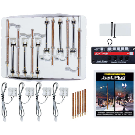 Woodland Scenics 5902 Just Plug Value Pack with HO Scale Wooden Pole and Double Lamp Post Street Lights and Light Hub.