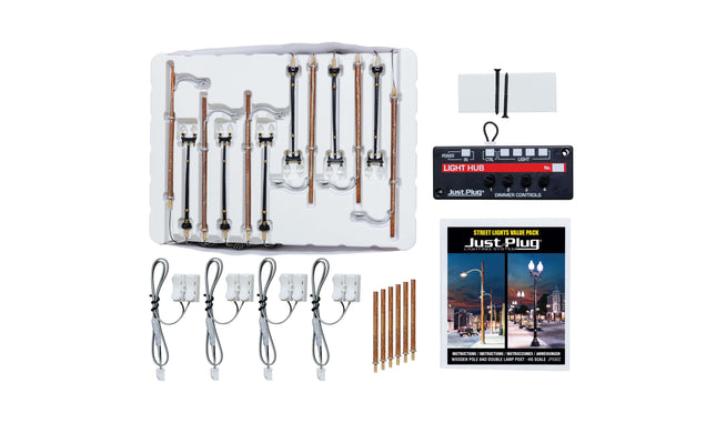 Woodland Scenics 5902 Just Plug Value Pack with HO Scale Wooden Pole and Double Lamp Post Street Lights and Light Hub.