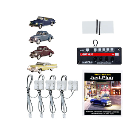 Woodland Scenics 5907 Just Plug Value Pack with HO scale vehicles, Light Hub, and wiring for model layouts.