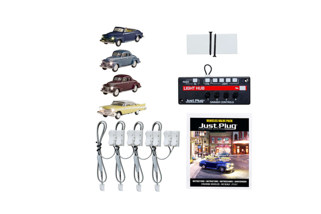 Woodland Scenics 5907 Just Plug Value Pack with HO scale vehicles, Light Hub, and wiring for model layouts.