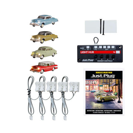 Woodland Scenics 5908 Just Plug Value Pack featuring HO Scale classic vehicles and Light Hub for realistic layouts.