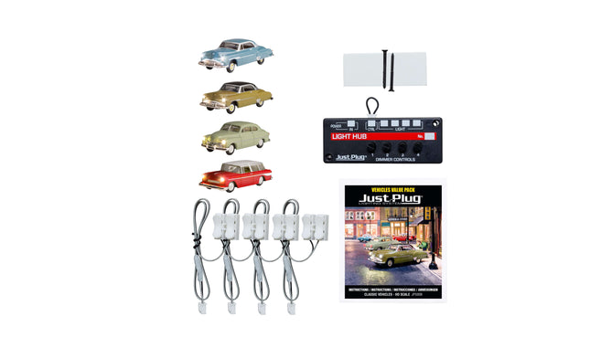 Woodland Scenics 5908 Just Plug Value Pack featuring HO Scale classic vehicles and Light Hub for realistic layouts.