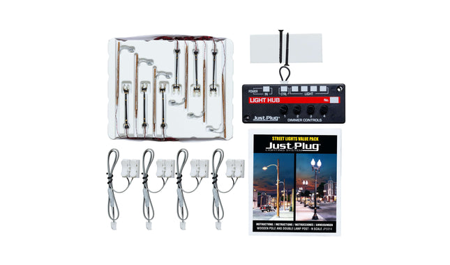 Just Plug Value 12 Pack with Light Hub, wooden pole street lights, linkers, and instructional materials for N Scale models.