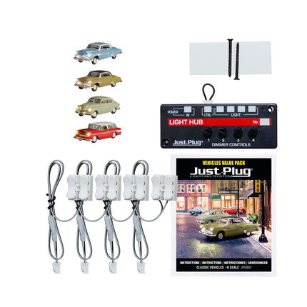 Woodland Scenics N-Scale Just Plug Value Pack with classic vehicles, Light Hub, and accessories for model layouts.