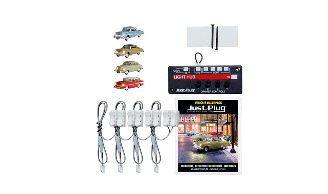 Woodland Scenics N-Scale Just Plug Value Pack with classic vehicles, Light Hub, and accessories for model layouts.