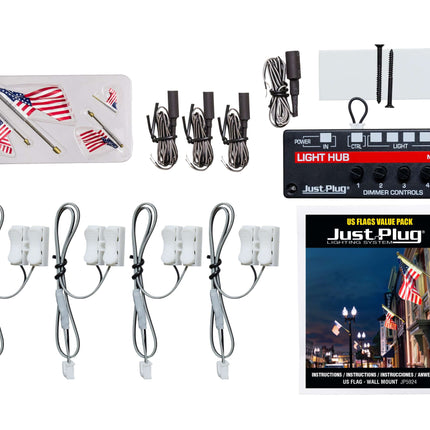 Just Plug Value Pack featuring US flags, light hub, and accessories for enhanced patriotic displays in model scenes.