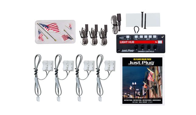 Just Plug Value Pack featuring US flags, light hub, and accessories for enhanced patriotic displays in model scenes.