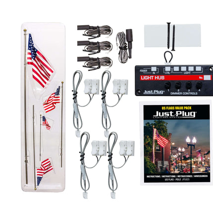 Just Plug Value Pack with US flag poles, spotlights, light hub, and accessories for multi-scale display.