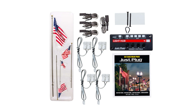 Just Plug Value Pack with US flag poles, spotlights, light hub, and accessories for multi-scale display.