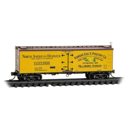 Micro Trains 05800602 | 36' Wood-Sheathed Ice Reefer - Ready to Run - Kansas Egg & Poultry Co. NADX #3520 (yellow, Boxcar Red, red, Poultry Egg) | N Scale - Squeaky's Trains