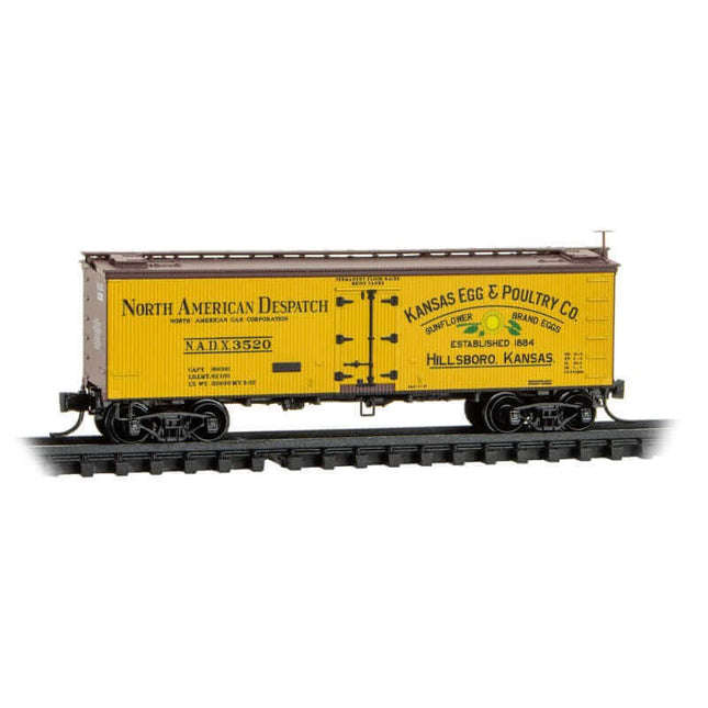 Micro Trains 05800602 | 36' Wood-Sheathed Ice Reefer - Ready to Run - Kansas Egg & Poultry Co. NADX #3520 (yellow, Boxcar Red, red, Poultry Egg) | N Scale - Squeaky's Trains