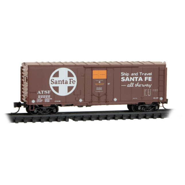 Micro Trains 07400190 | 40' Plug-Door Boxcar No Roofwalk - Ready to Run - Santa Fe #22222 (boxcar Red, white, orange, Ship and Travel Slogan) | N Scale - Squeaky's Trains