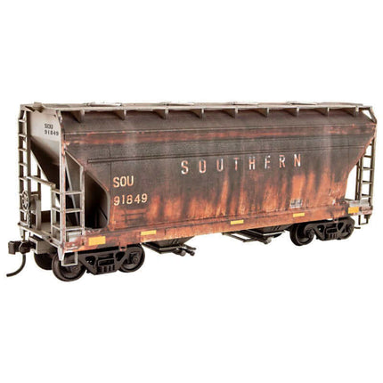 Micro Trains 2200 002 | ACF 2-Bay Covered Hopper - Unassembled Accurail Kit - Southern Railway #91849 (Weathered, gray, white, yellow conspicuity marks) | HO Scale - Squeaky's Trains