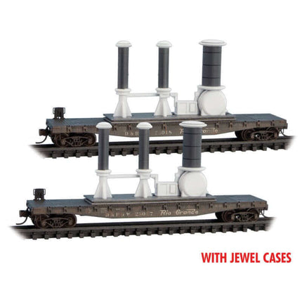Micro Trains 98302232 | 50' Fishbelly-Side Flatcar w/Power Insulator 2-Pack (Jewel Cases) - Ready to Run - Denver & Rio Grande Western #23018, 23027 (Weathered, black) | N Scale - Squeaky's Trains