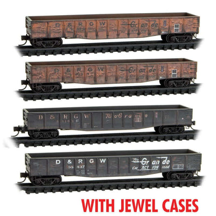 Micro Trains 98305036 | 50' Steel Gondola 4-Pack (Jewel Cases) - Ready to Run - Denver & Rio Grande Western #56389, 56393, 55101, 55437 (Weathered) | N Scale - Squeaky's Trains