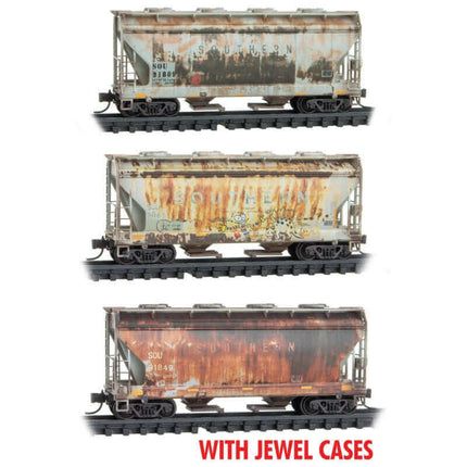 Micro Trains 98305037 | ACF 39' 2-Bay Center-Flow Covered Hopper Round Hatch 3-Pack (Jewel Cases) - Ready to Run - Southern Railway #91809, 91165, 91849 (Weathered, gray) | N Scale - Squeaky's Trains