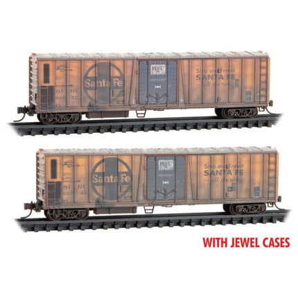 Micro Trains 98305063 | 51' 3-3/4" Riveted-Side Mechanical Reefer 2-Pack (Jewel Cases) - Ready to Run - Santa Fe #50798, 50773 (Weathered, orange, blue, black, Large Logo) | N Scale - Squeaky's Trains