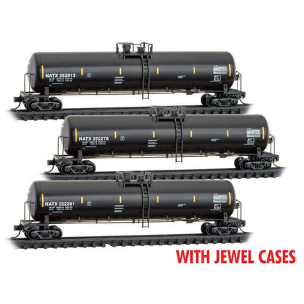 Micro Trains 983 00 222 | 56' General-Service Tank Car 3-Pack - Ready to Run - Jewel Case - North American NATX #252281, 252278, 251377 (black, yellow, conspicuity mark) | N Scale - Squeaky's Trains