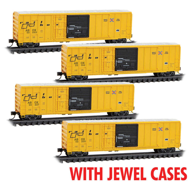 Micro Trains 983 00 223 | 50' Rib-Side Plug & Sliding Door Boxcar 4-Pack - Ready to Run - Jewel - Railbox #50083, 50104, 50227, 50359 | N Scale - Squeaky's Trains