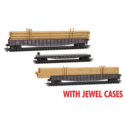 Micro Trains 983 02 240 | 65' Mill Gondolas, 50' Idler Flatcar, Pole Loads 3-Pack (Jewel Case) - Ready to Run - Northern Pacific #56059, 62785, 56080 (Weathered, black, white) | N Scale - Squeaky's Trains