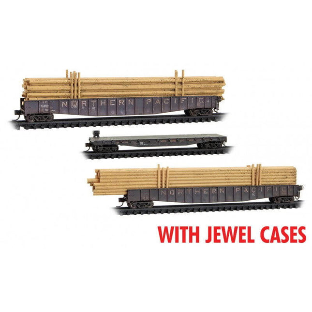 Micro Trains 983 02 240 | 65' Mill Gondolas, 50' Idler Flatcar, Pole Loads 3-Pack (Jewel Case) - Ready to Run - Northern Pacific #56059, 62785, 56080 (Weathered, black, white) | N Scale - Squeaky's Trains