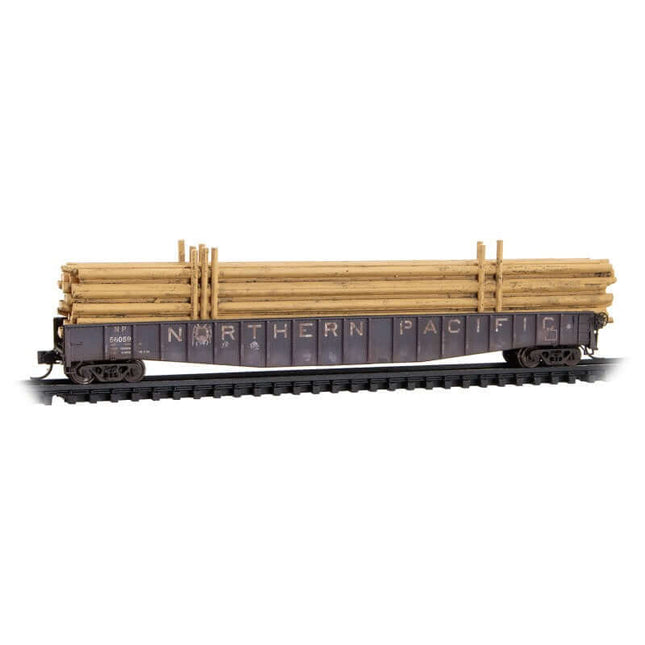 Micro Trains 983 02 240 | 65' Mill Gondolas, 50' Idler Flatcar, Pole Loads 3-Pack (Jewel Case) - Ready to Run - Northern Pacific #56059, 62785, 56080 (Weathered, black, white) | N Scale - Squeaky's Trains