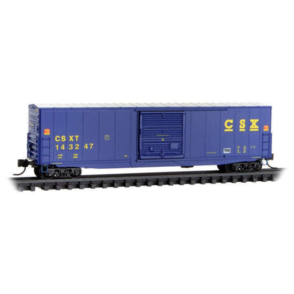 Micro Trains 99300220 | 50' Boxcar with 10' Door, No Roofwalk 4-Pack (Foam Insert) - Ready to Run - CSX #143237, 143247, 143225, 143212 (blue, yellow) | N Scale - Squeaky's Trains